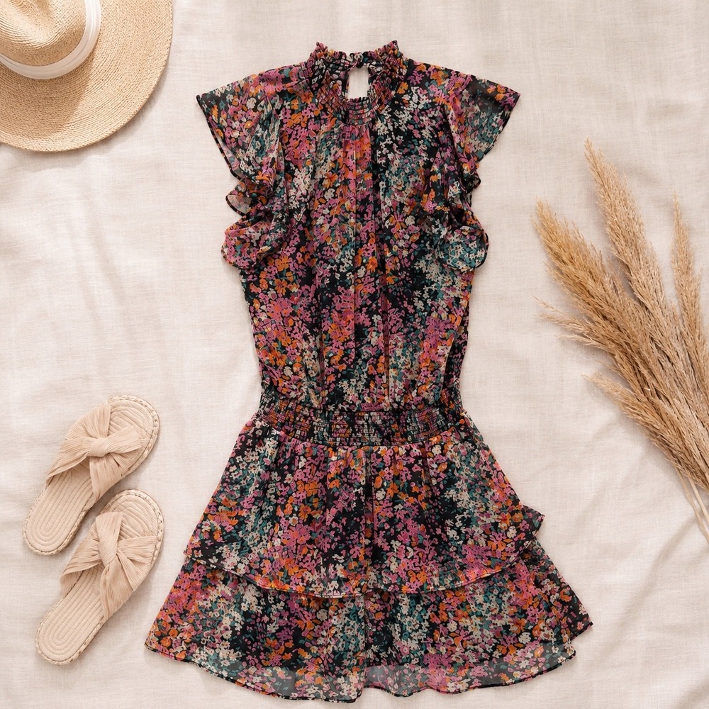 1.STATE Floral Mini Dress Womens M Multi Smocked Ruffle Tiered Summer Boho